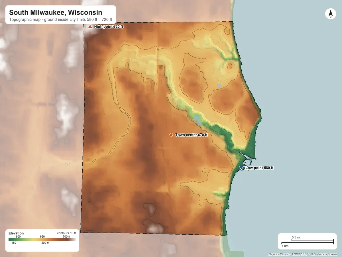 Topographic elevation map of South Milwaukee, Wisconsin, shaded from 580 ft on the southeast side to 720 ft on the northwest side