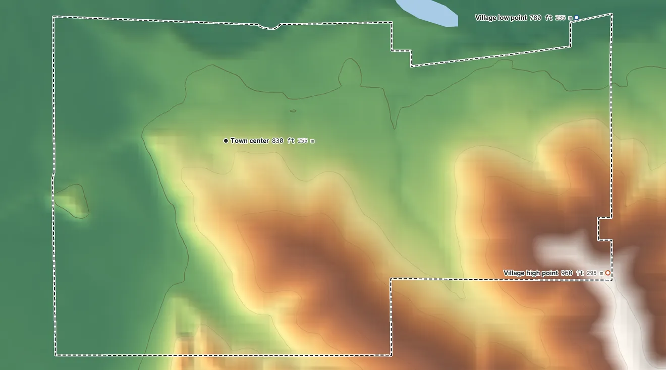 Topographic elevation map of South Wayne, Wisconsin, shaded from 780 ft on the east side to 960 ft on the east side