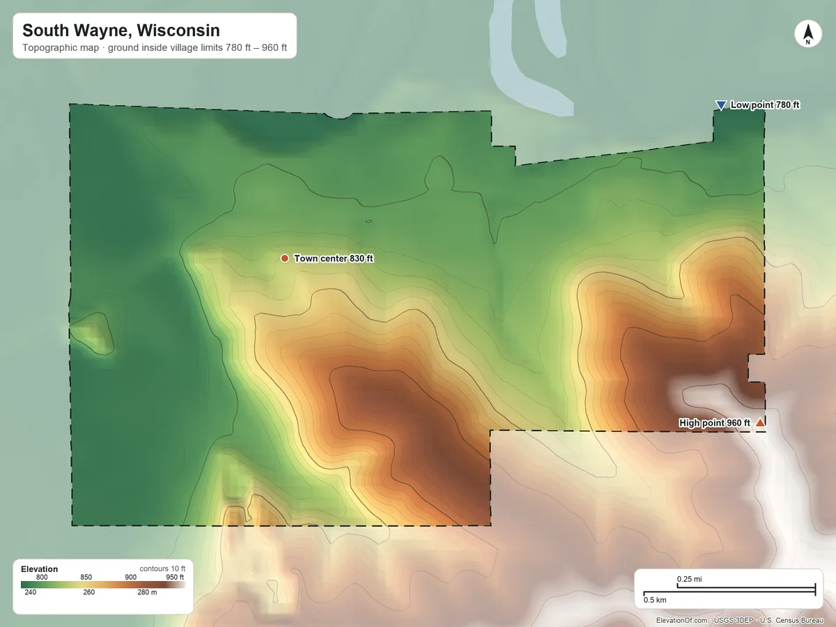 Topographic elevation map of South Wayne, Wisconsin, shaded from 780 ft on the east side to 960 ft on the east side