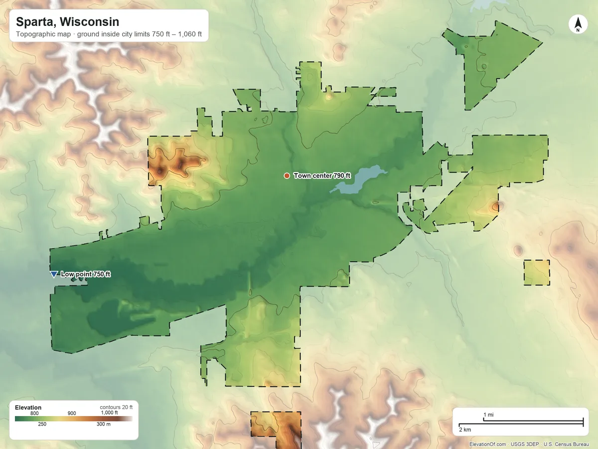 Topographic elevation map of Sparta, Wisconsin, shaded from 750 ft on the southwest side to 1,060 ft on the south side