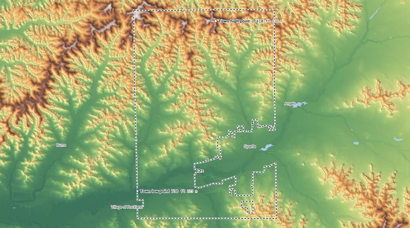 Topographic elevation map of Town of Sparta, Wisconsin, shaded from 730 ft on the southwest side to 1,410 ft on the north side