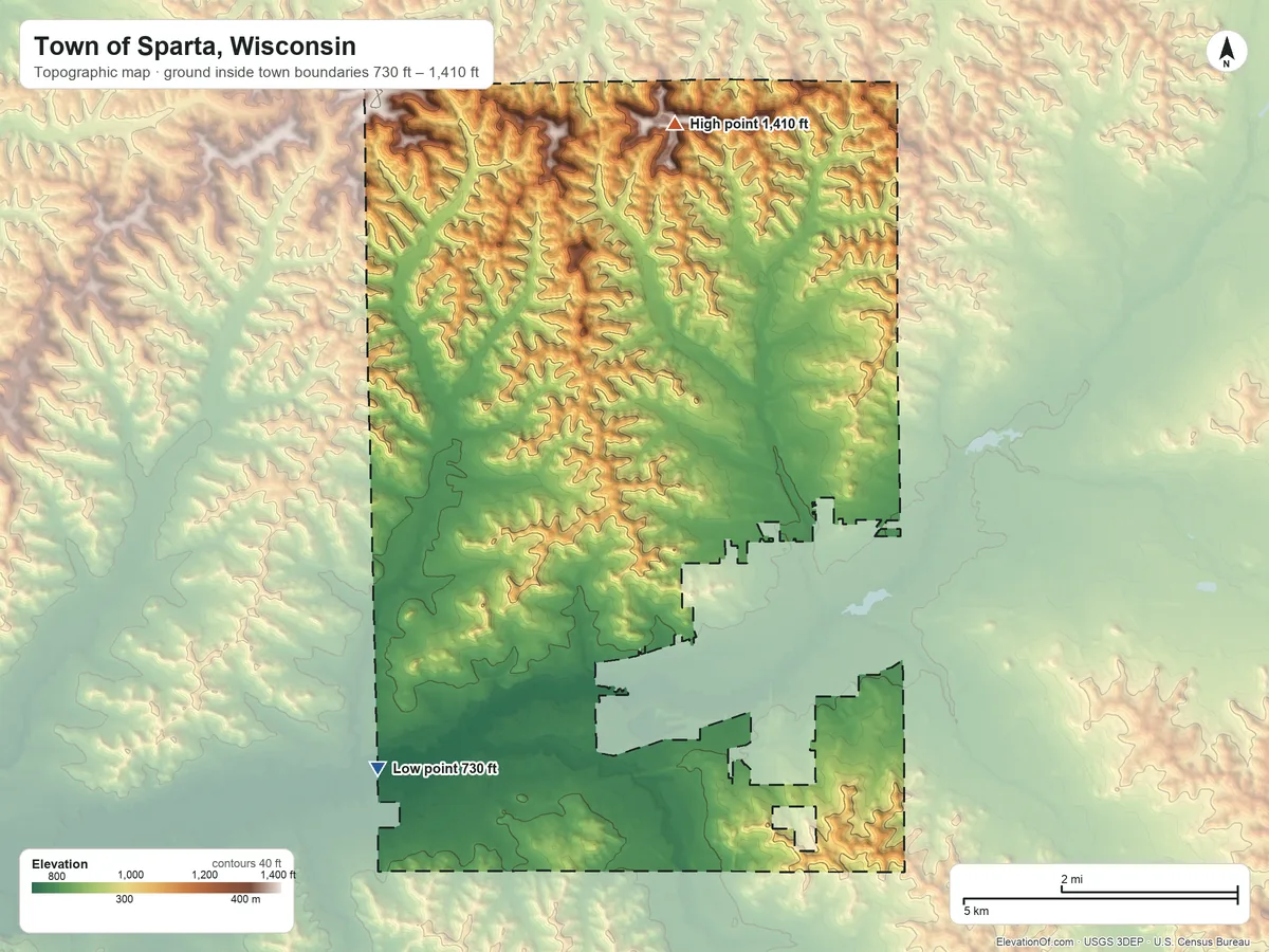 Topographic elevation map of Town of Sparta, Wisconsin, shaded from 730 ft on the southwest side to 1,410 ft on the north side