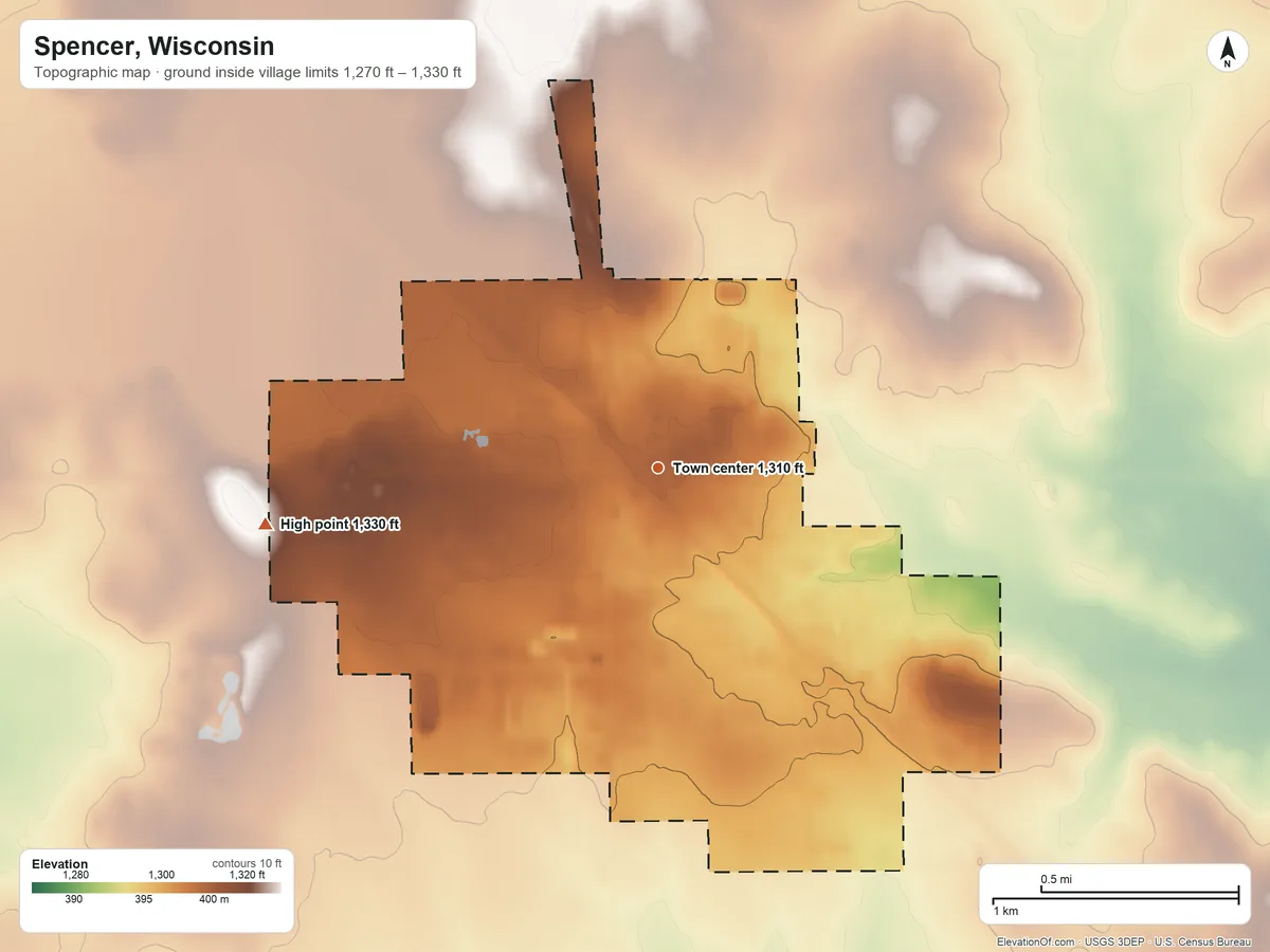 Topographic elevation map of Spencer, Wisconsin, shaded from 1,270 ft on the east side to 1,330 ft on the west side