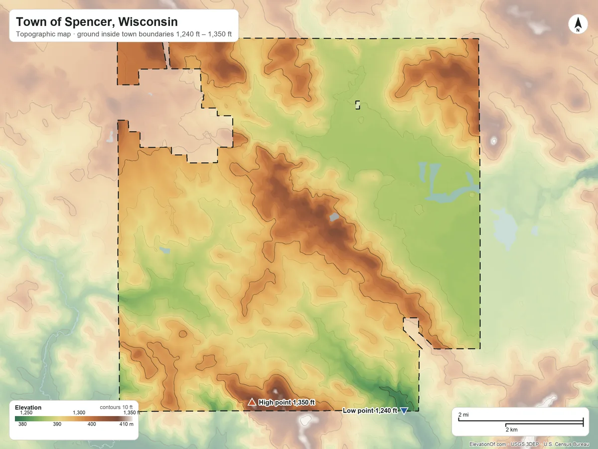 Topographic elevation map of Town of Spencer, Wisconsin, shaded from 1,240 ft on the southeast side to 1,350 ft on the south side