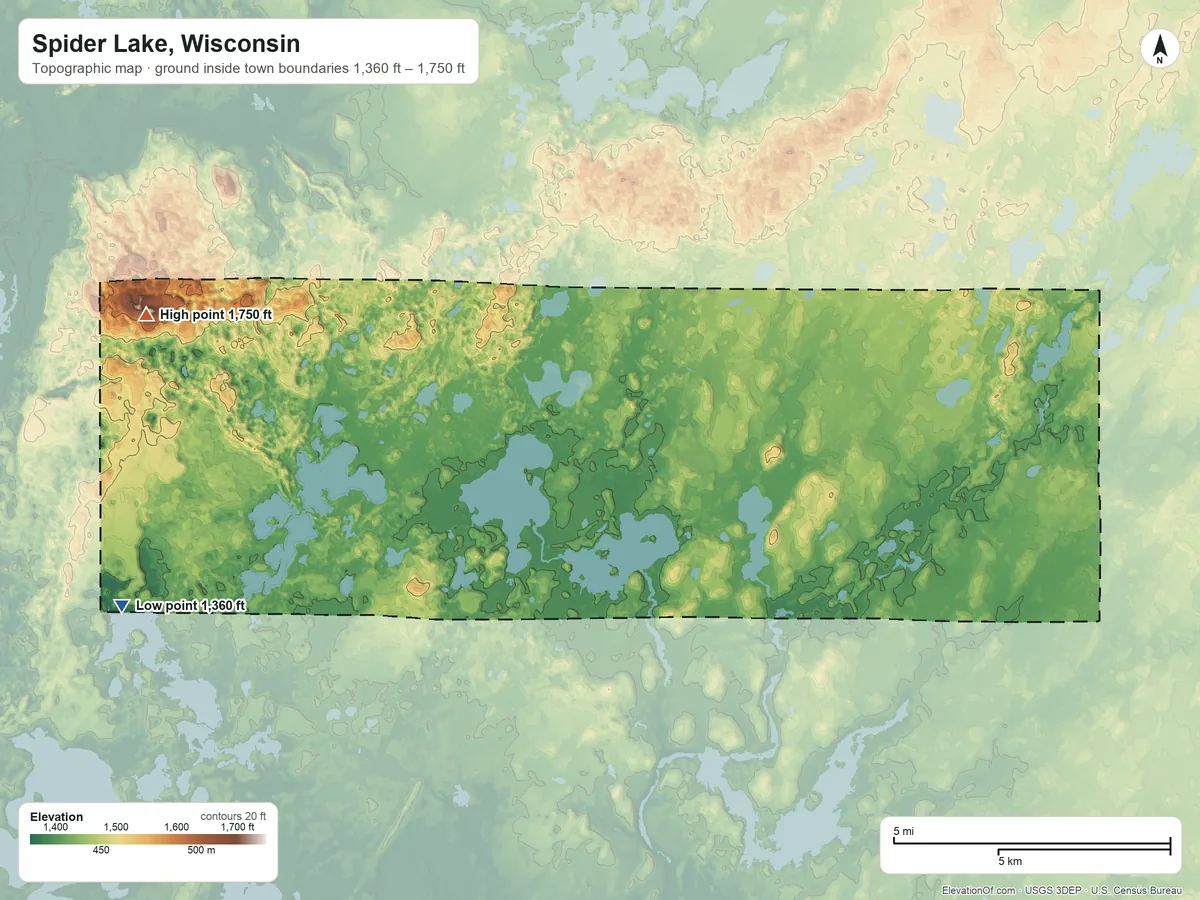 Topographic elevation map of Spider Lake, Wisconsin, shaded from 1,360 ft on the west side to 1,750 ft on the northwest side