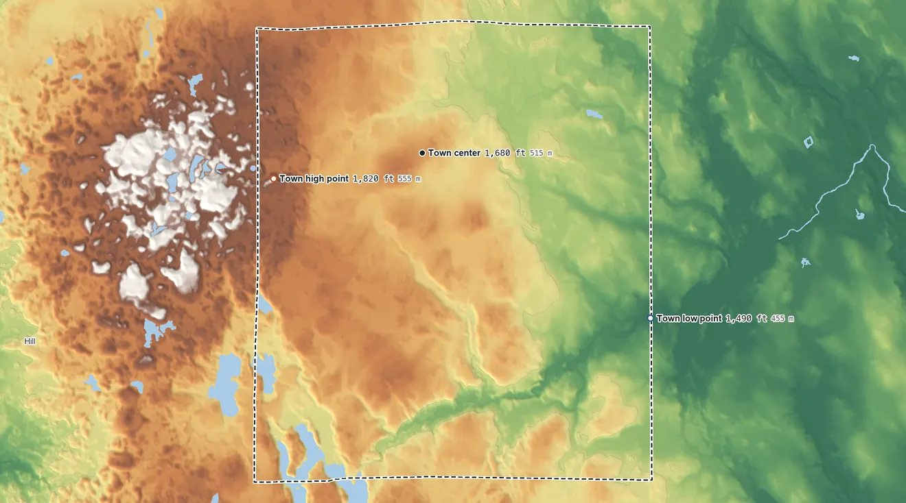Topographic elevation map of Spirit, Wisconsin, shaded from 1,490 ft on the southeast side to 1,820 ft on the west side