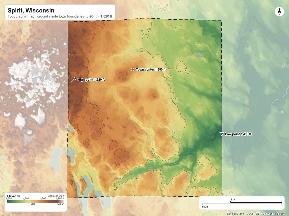 Topographic elevation map of Spirit, Wisconsin, shaded from 1,490 ft on the southeast side to 1,820 ft on the west side