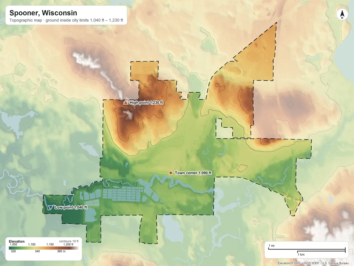 Topographic elevation map of Spooner, Wisconsin, shaded from 1,040 ft on the west side to 1,230 ft on the northwest side