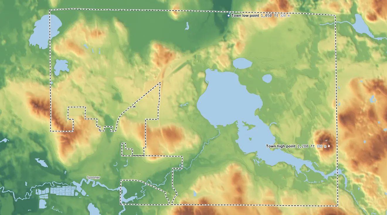 Topographic elevation map of Town of Spooner, Wisconsin, shaded from 1,050 ft on the northeast side to 1,280 ft on Crystal Mountain