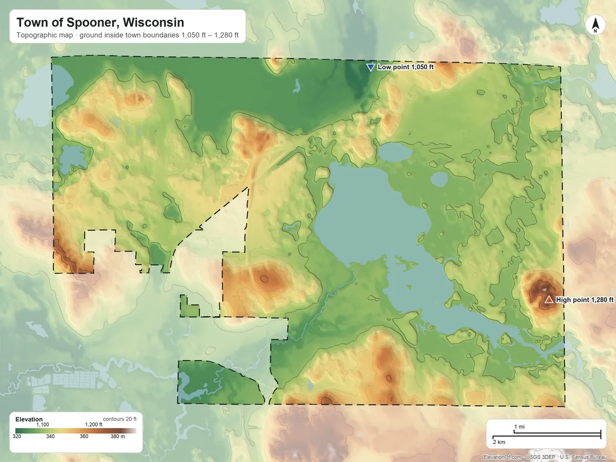Topographic elevation map of Town of Spooner, Wisconsin, shaded from 1,050 ft on the northeast side to 1,280 ft on Crystal Mountain