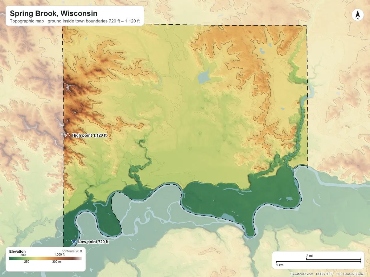 Topographic elevation map of Spring Brook, Wisconsin, shaded from 720 ft on the southwest side to 1,120 ft on the west side