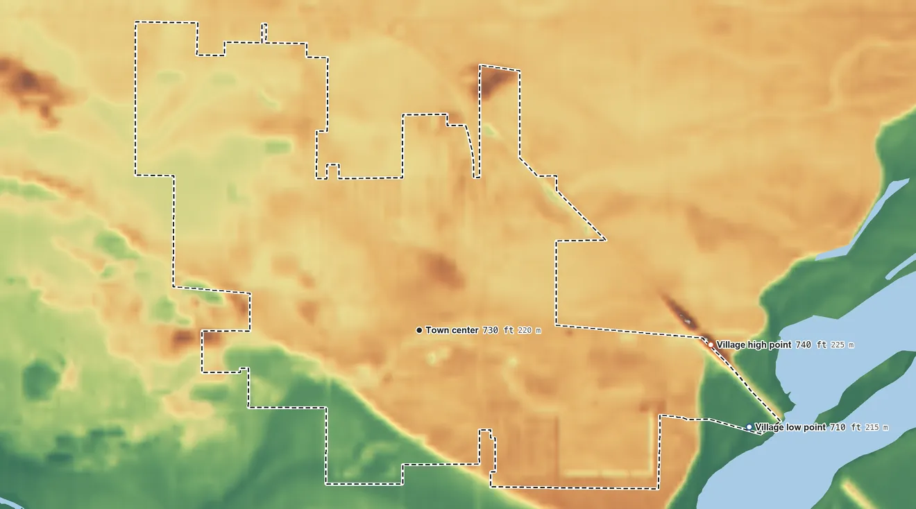 Topographic elevation map of Village of Spring Green, Wisconsin, shaded from 710 ft on the east side to 740 ft on the east side