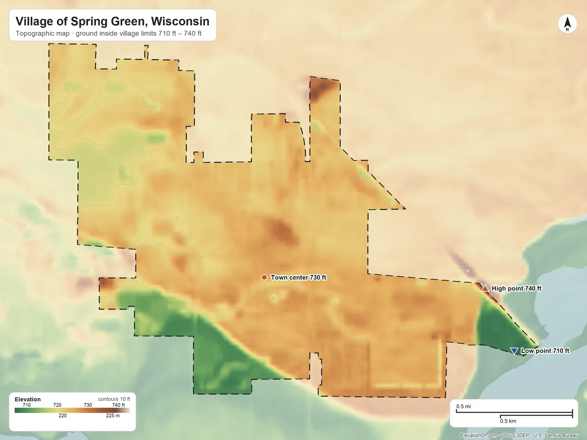 Topographic elevation map of Village of Spring Green, Wisconsin, shaded from 710 ft on the east side to 740 ft on the east side