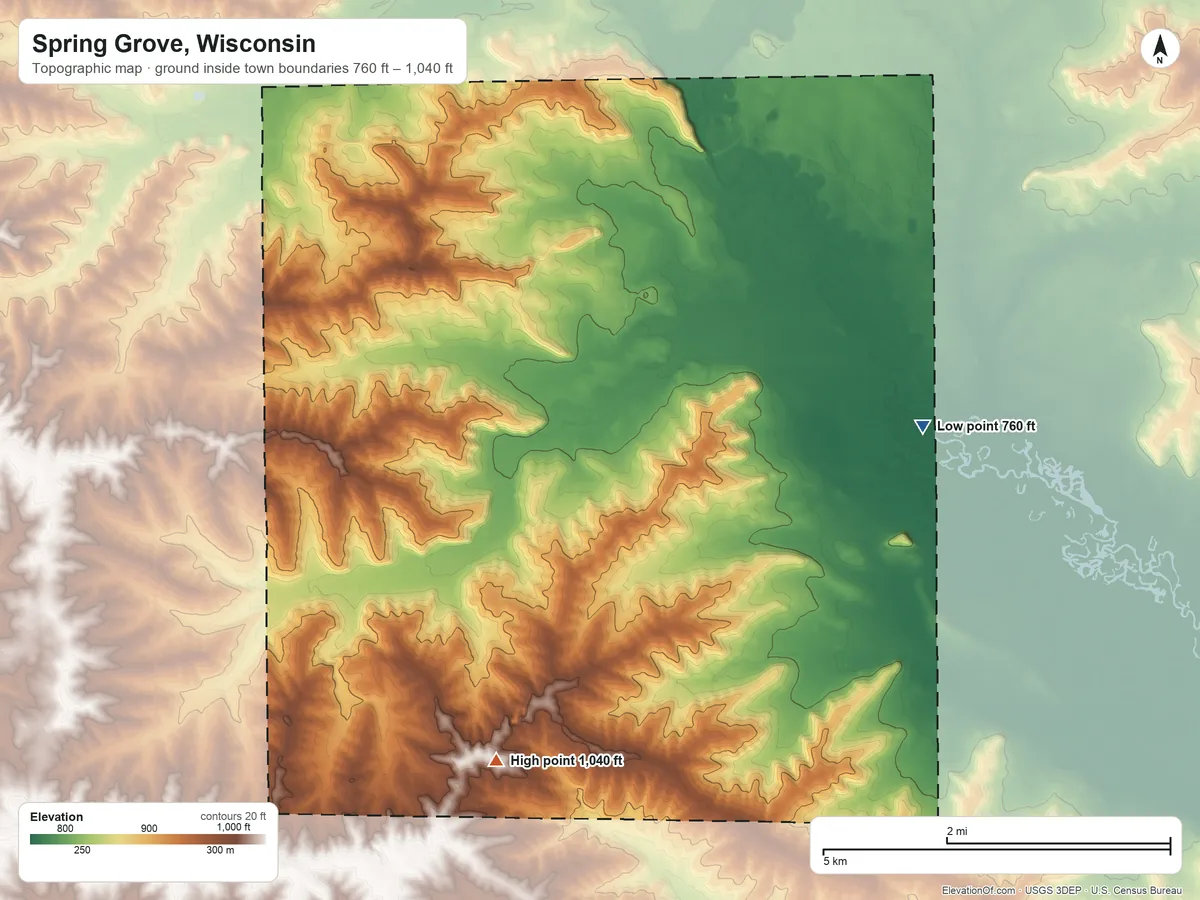 Topographic elevation map of Spring Grove, Wisconsin, shaded from 760 ft on the east side to 1,040 ft on the southwest side