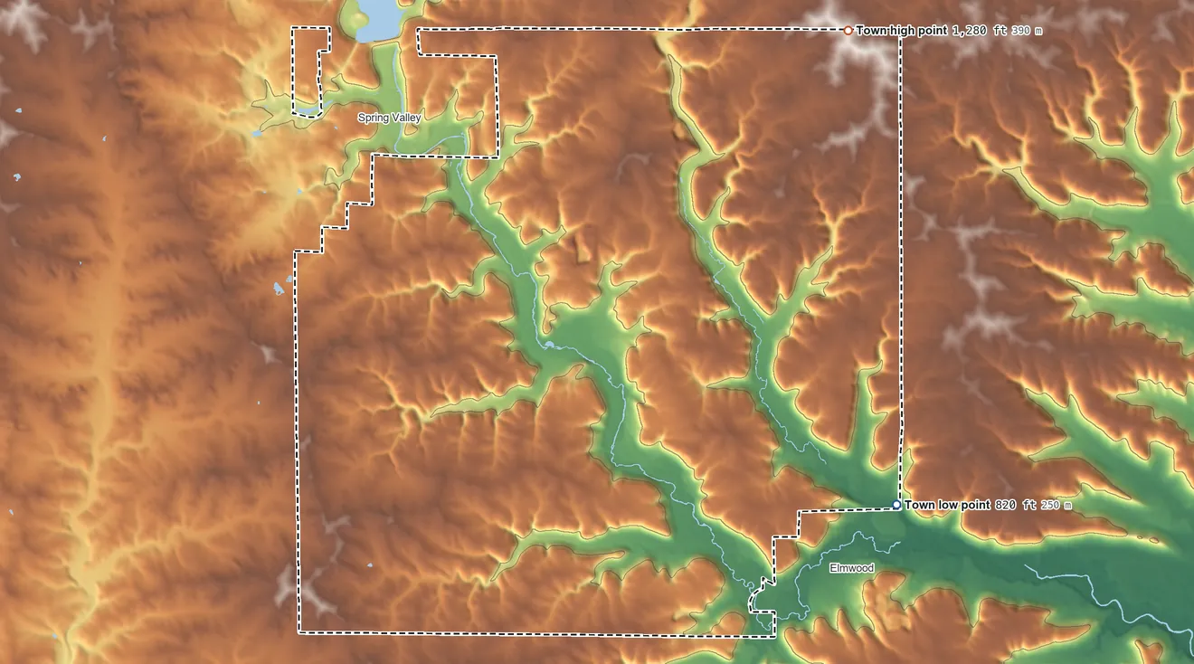 Topographic elevation map of Spring Lake, Wisconsin, shaded from 820 ft on the southeast side to 1,280 ft on the northeast side