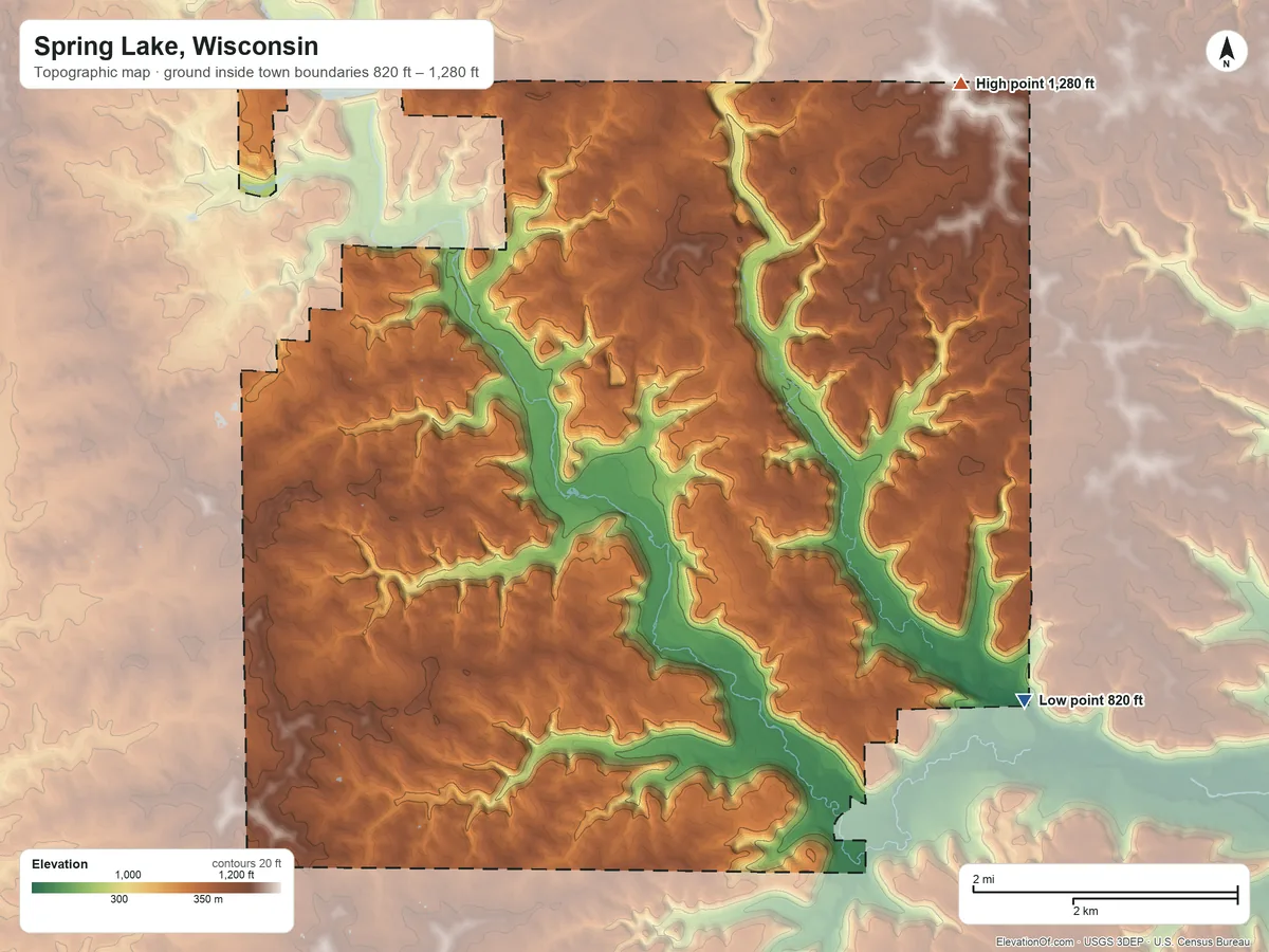 Topographic elevation map of Spring Lake, Wisconsin, shaded from 820 ft on the southeast side to 1,280 ft on the northeast side