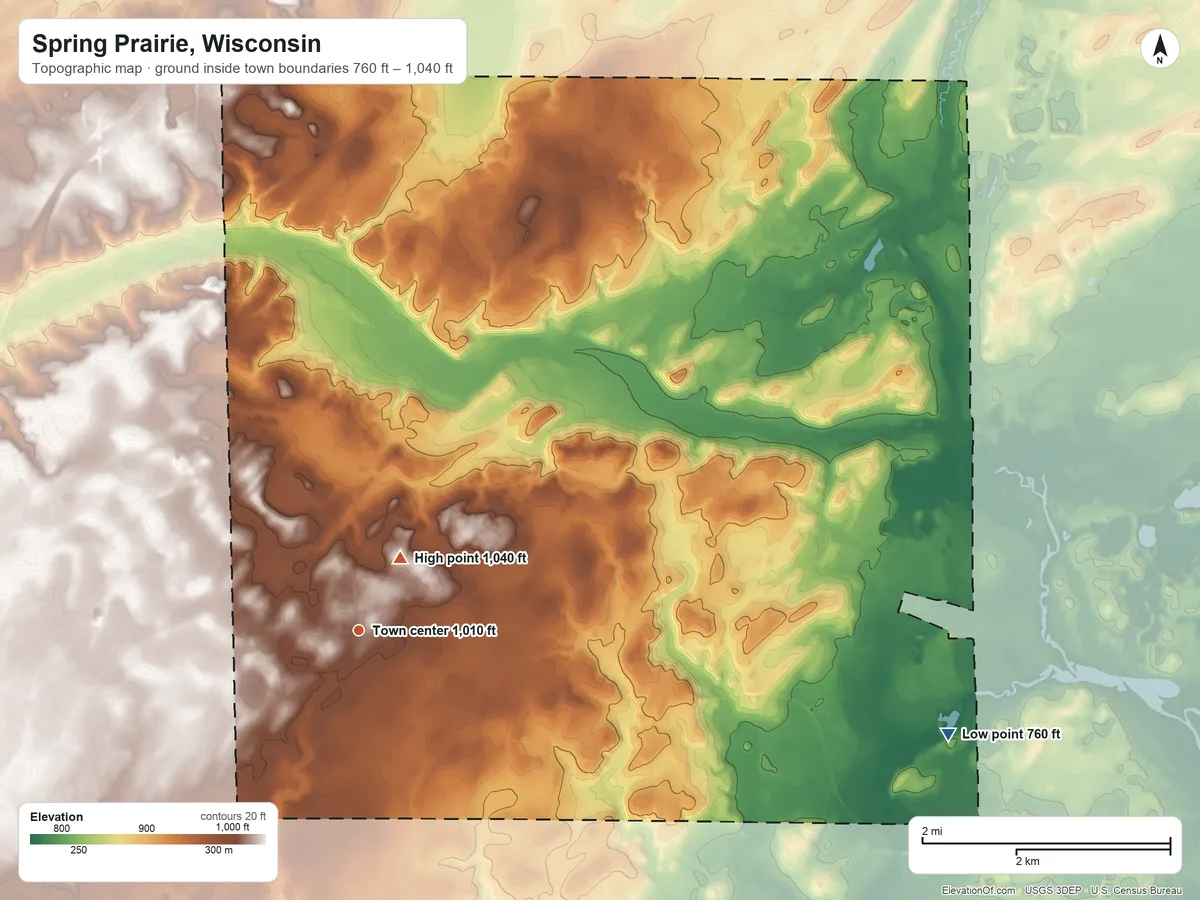 Topographic elevation map of Spring Prairie, Wisconsin, shaded from 760 ft on the east side to 1,040 ft near the middle