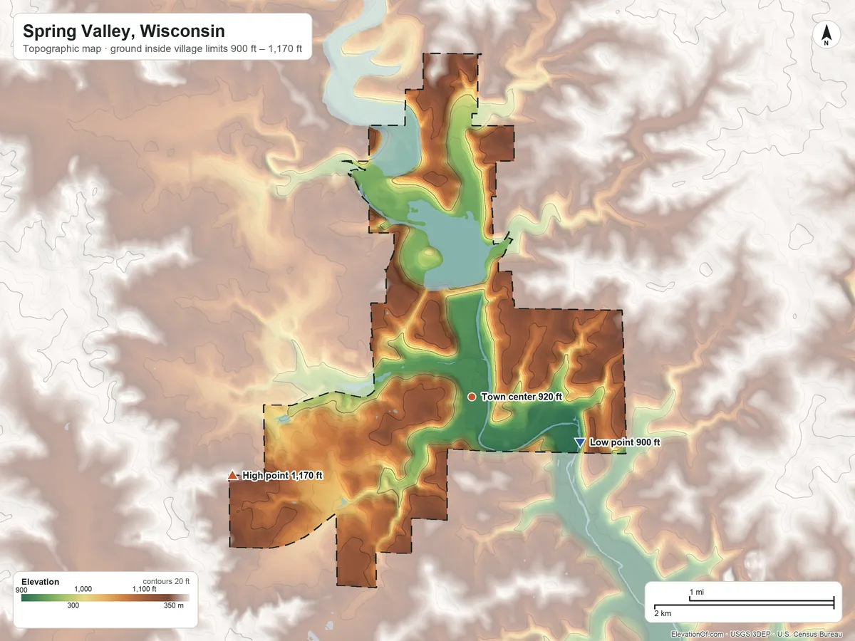Topographic elevation map of Spring Valley, Wisconsin, shaded from 900 ft on the southeast side to 1,170 ft on the west side