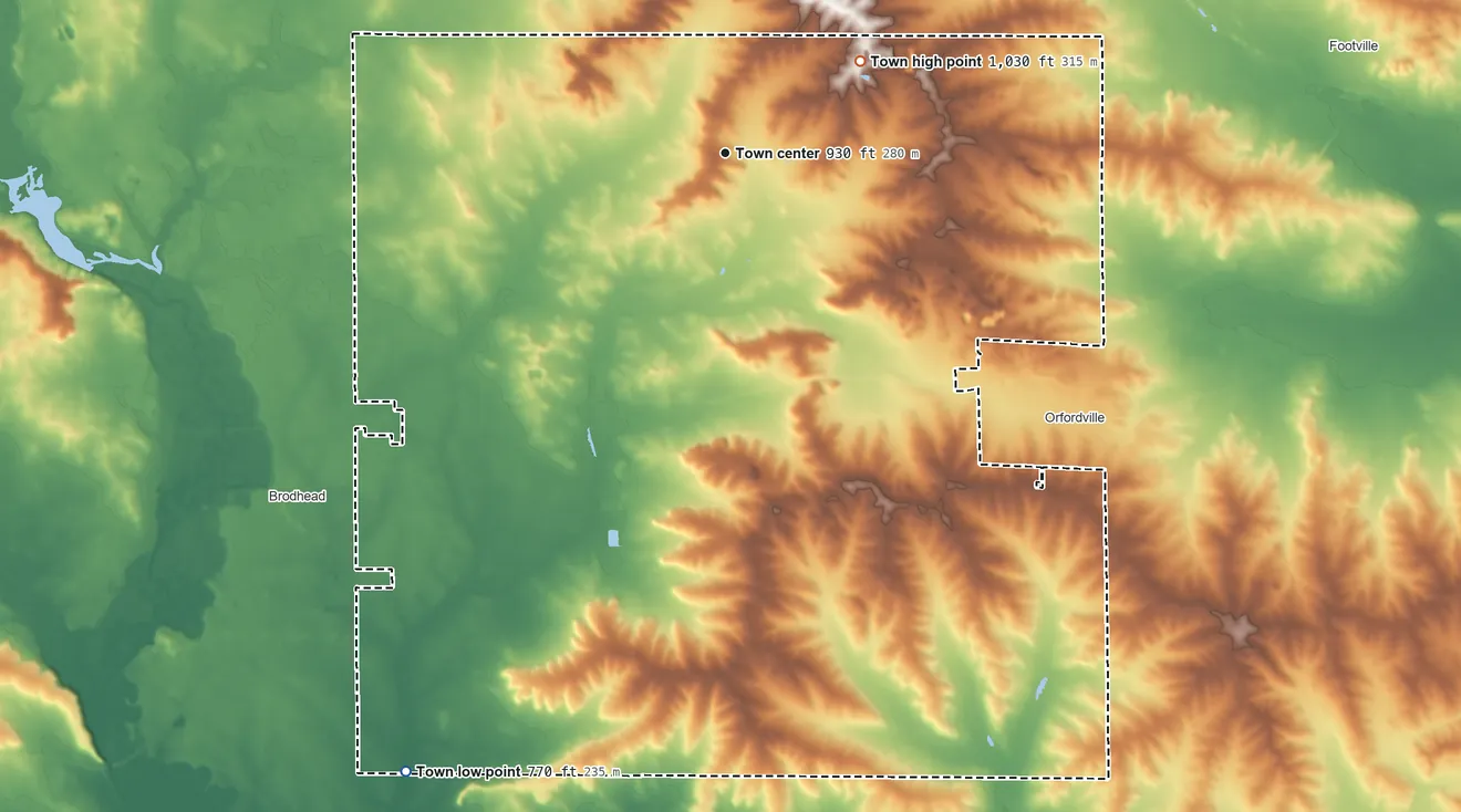 Topographic elevation map of Town of Spring Valley, Wisconsin, shaded from 770 ft on the southwest side to 1,030 ft on the northeast side