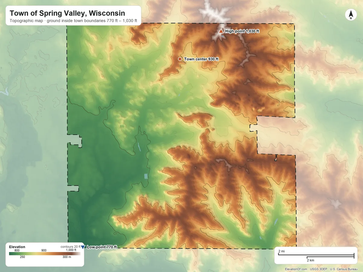 Topographic elevation map of Town of Spring Valley, Wisconsin, shaded from 770 ft on the southwest side to 1,030 ft on the northeast side