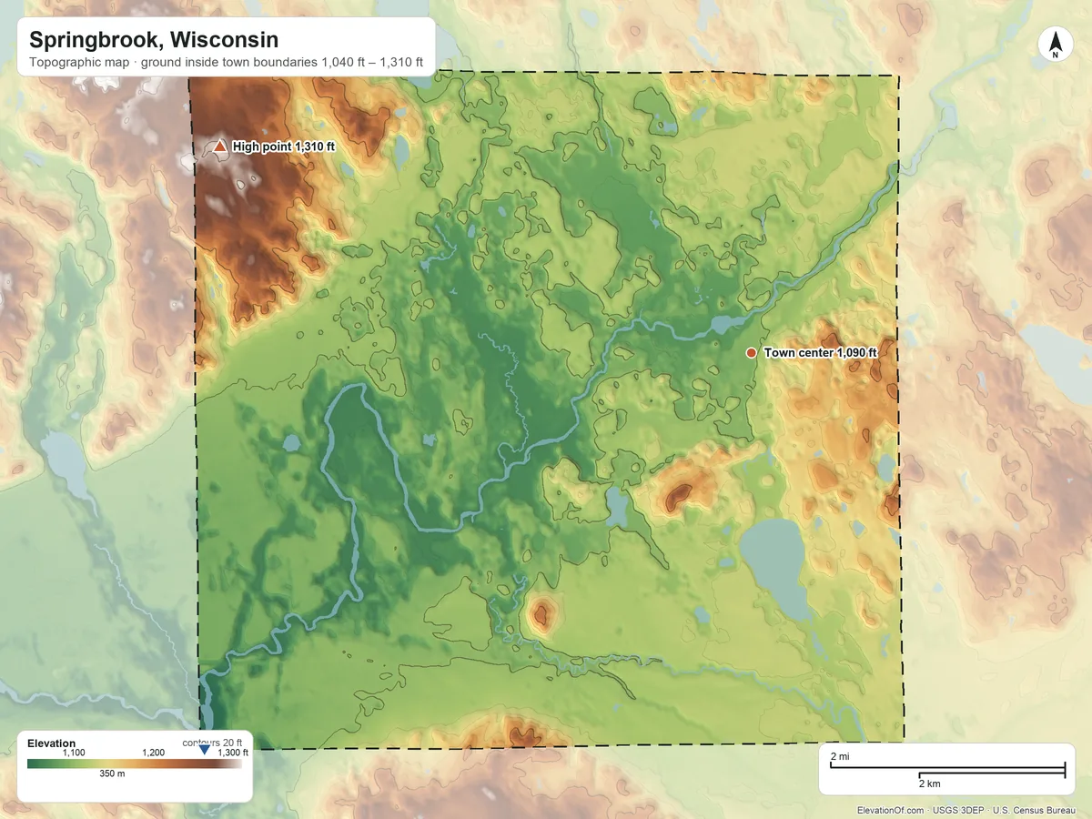 Topographic elevation map of Springbrook, Wisconsin, shaded from 1,040 ft on the southwest side to 1,310 ft on the west side