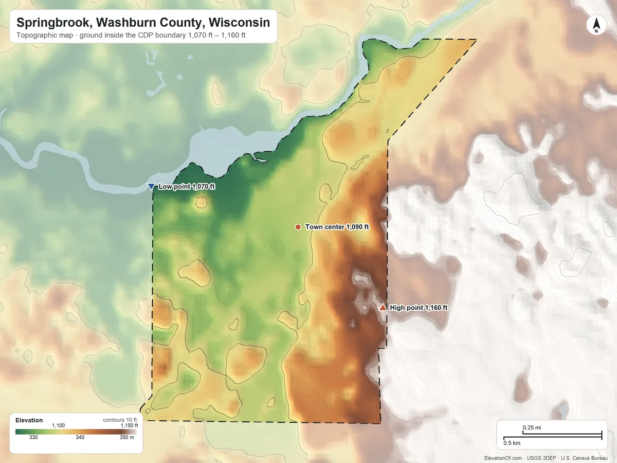 Topographic elevation map of Springbrook, Washburn County, Wisconsin, shaded from 1,070 ft on the west side to 1,160 ft on the southeast side
