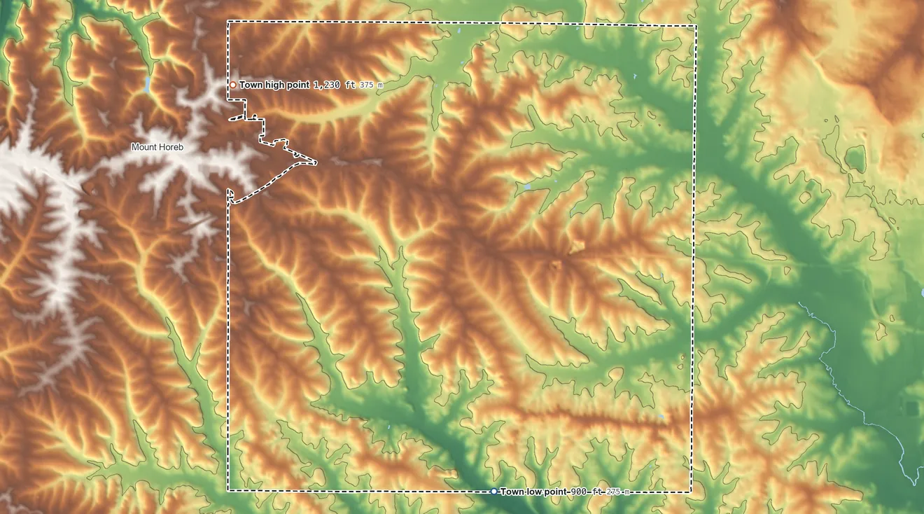 Topographic elevation map of Springdale, Wisconsin, shaded from 900 ft on the south side to 1,230 ft on the northwest side