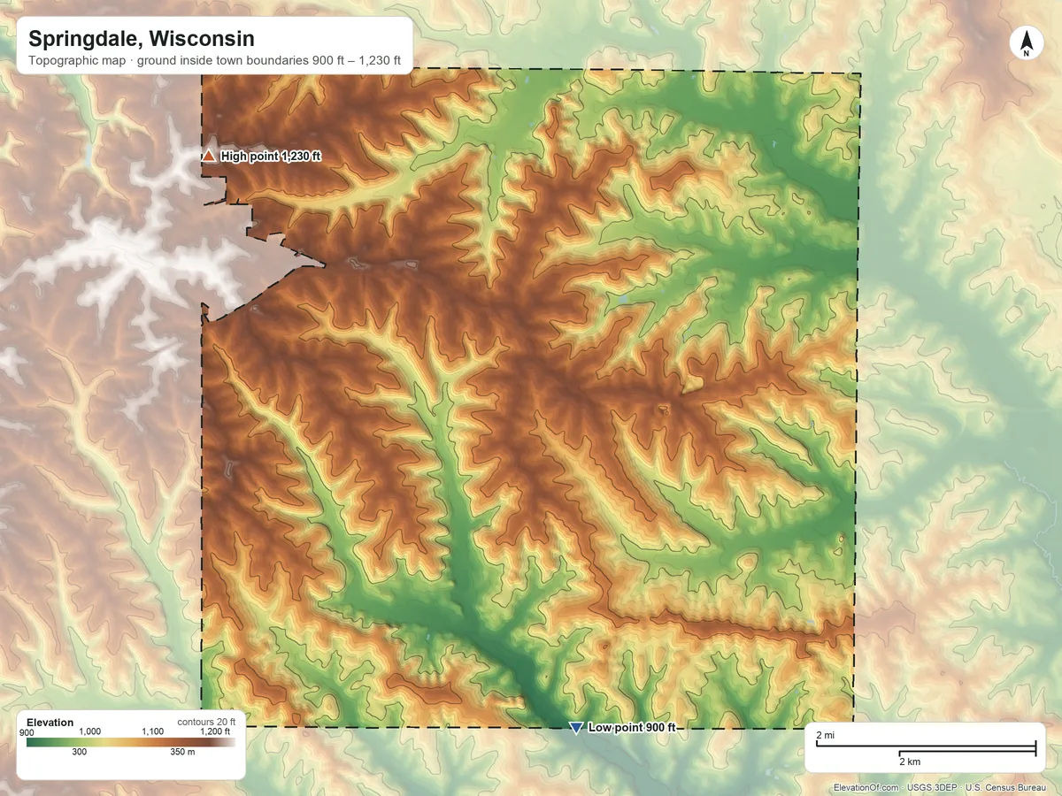 Topographic elevation map of Springdale, Wisconsin, shaded from 900 ft on the south side to 1,230 ft on the northwest side