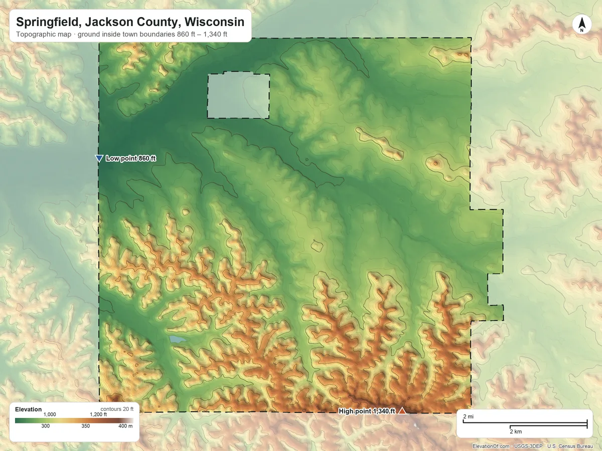Topographic elevation map of Springfield, Jackson County, Wisconsin, shaded from 860 ft on the west side to 1,340 ft on the southeast side