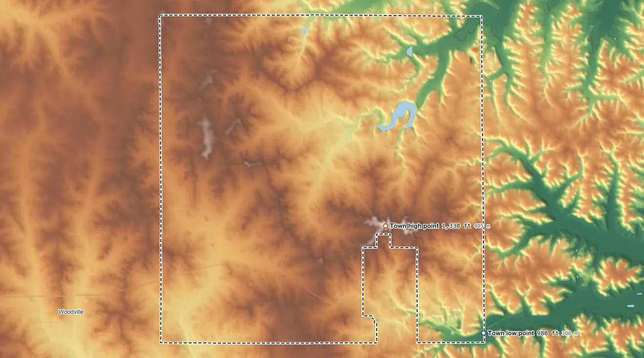 Topographic elevation map of Springfield, St. Croix County, Wisconsin, shaded from 980 ft on the southeast side to 1,330 ft on the east side