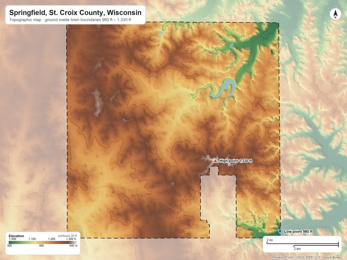 Topographic elevation map of Springfield, St. Croix County, Wisconsin, shaded from 980 ft on the southeast side to 1,330 ft on the east side