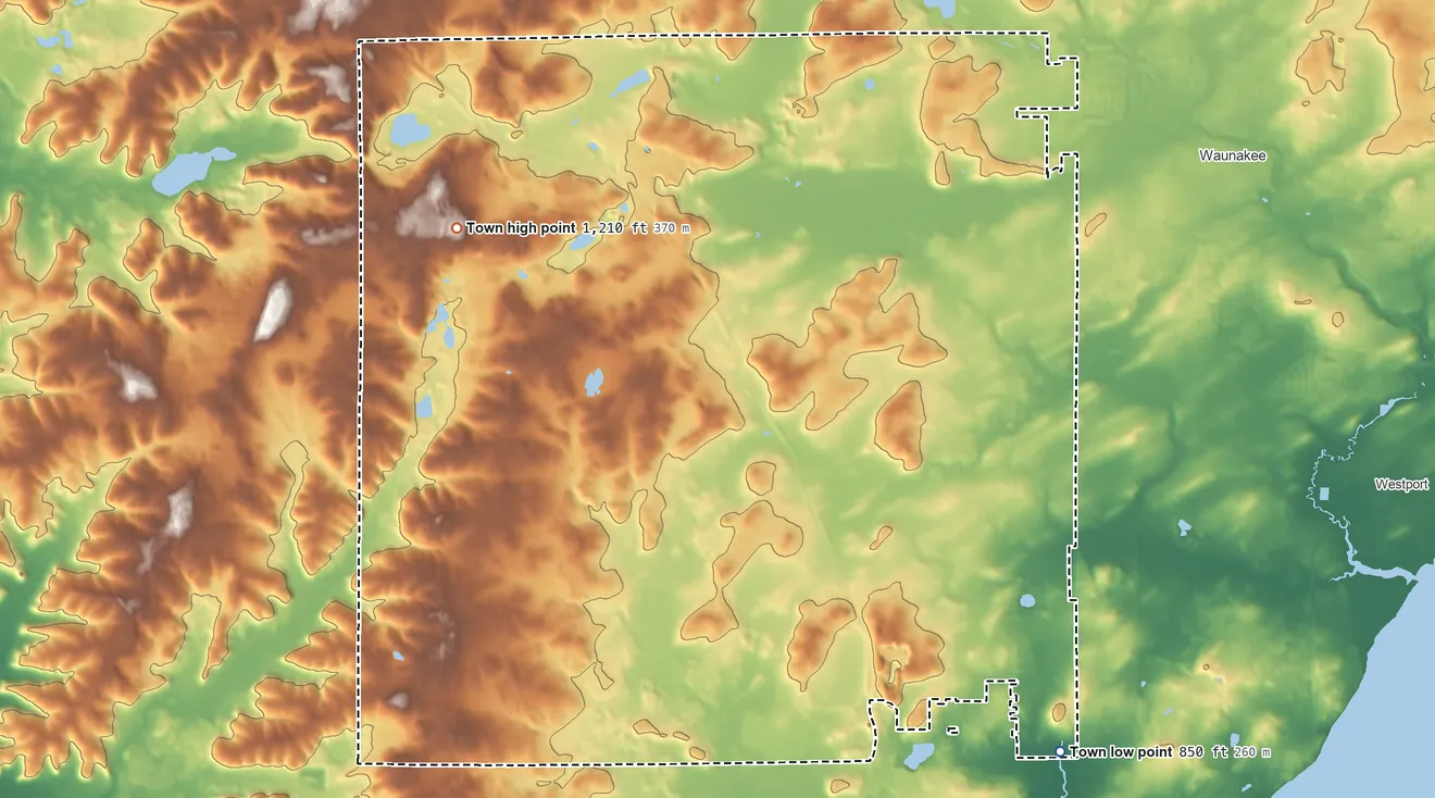 Topographic elevation map of Springfield, Wisconsin, shaded from 850 ft on the southeast side to 1,210 ft on the northwest side