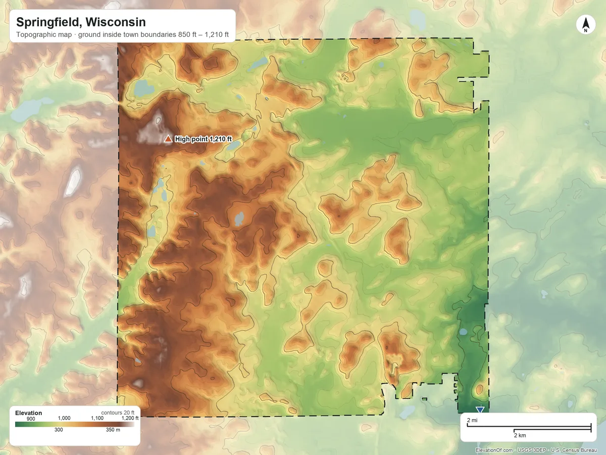 Topographic elevation map of Springfield, Wisconsin, shaded from 850 ft on the southeast side to 1,210 ft on the northwest side