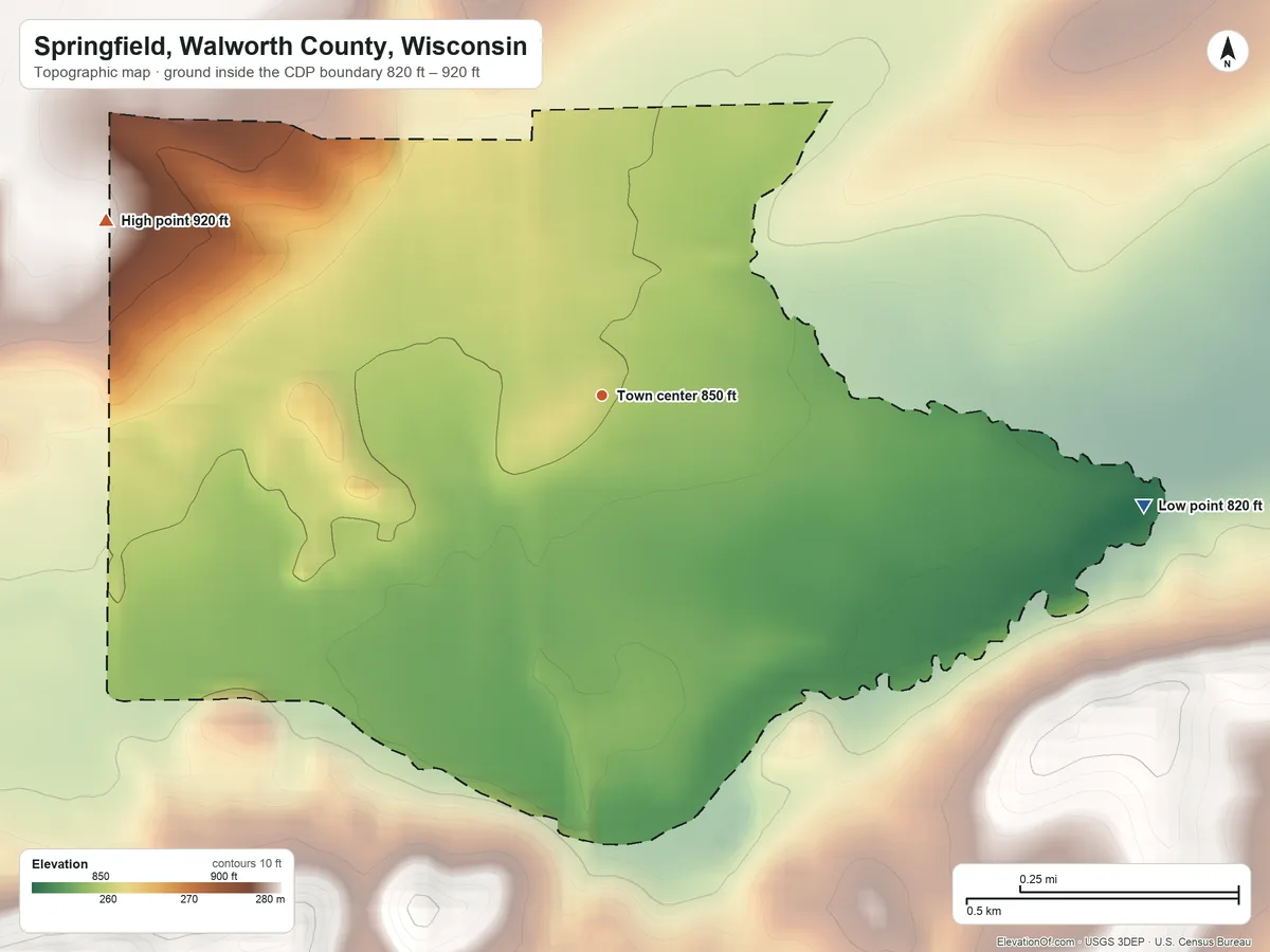 Topographic elevation map of Springfield, Walworth County, Wisconsin, shaded from 820 ft on the east side to 920 ft on the west side