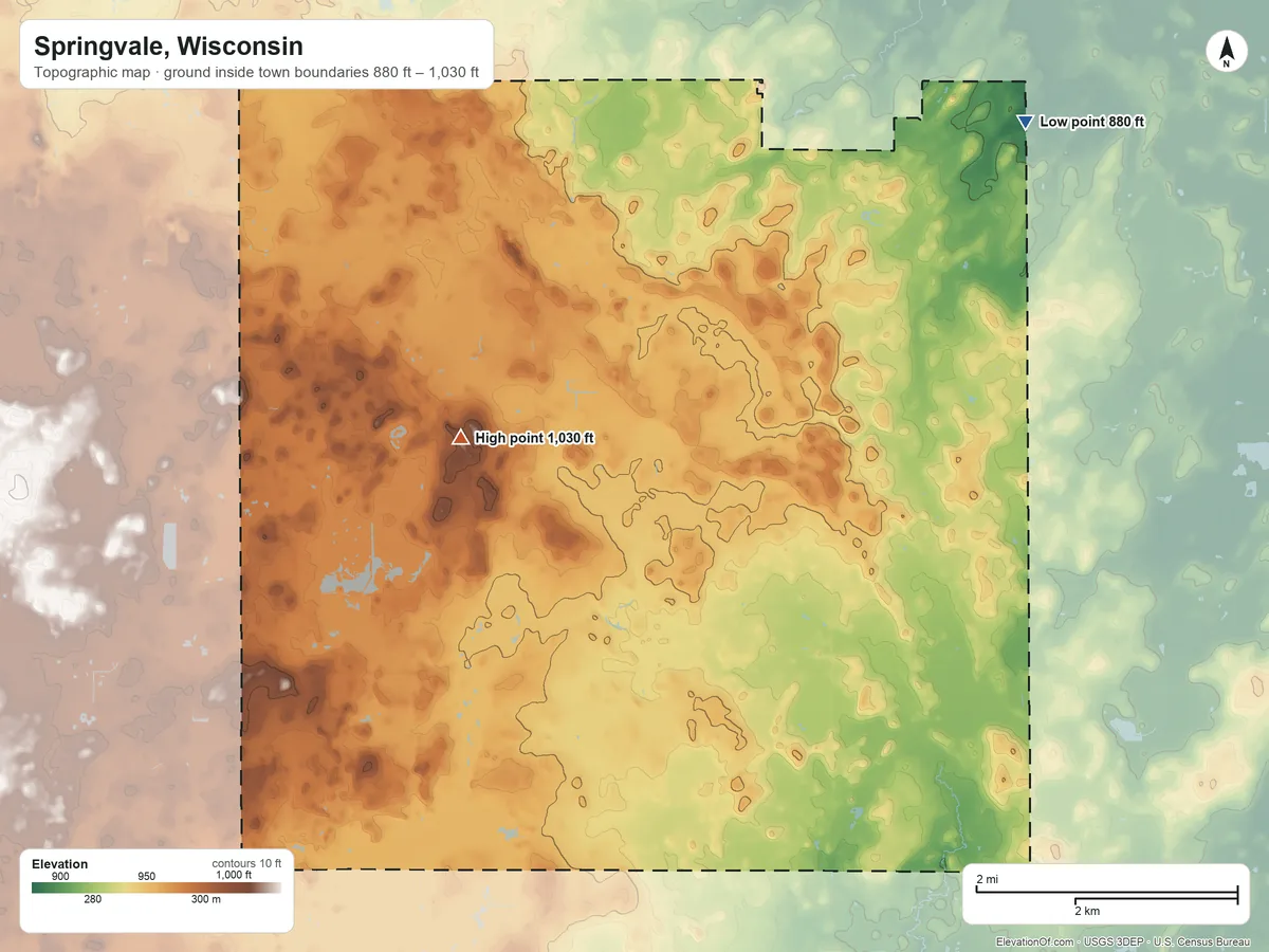 Topographic elevation map of Springvale, Wisconsin, shaded from 880 ft on the northeast side to 1,030 ft on the west side