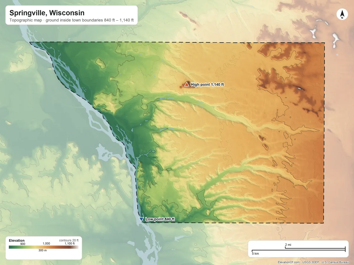 Topographic elevation map of Springville, Wisconsin, shaded from 840 ft on the southwest side to 1,140 ft on the northwest side