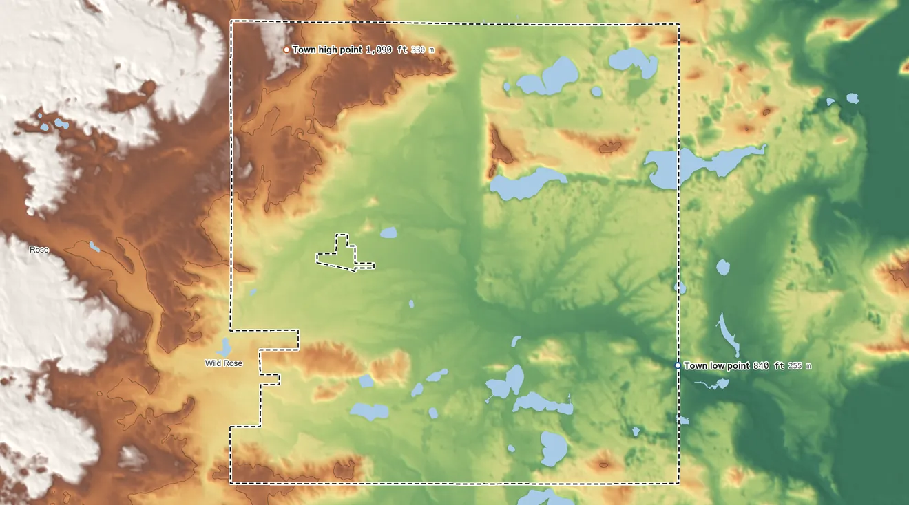 Topographic elevation map of Springwater, Wisconsin, shaded from 840 ft on the east side to 1,090 ft on the northwest side