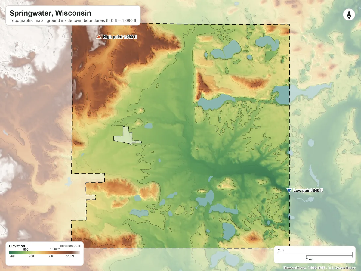 Topographic elevation map of Springwater, Wisconsin, shaded from 840 ft on the east side to 1,090 ft on the northwest side