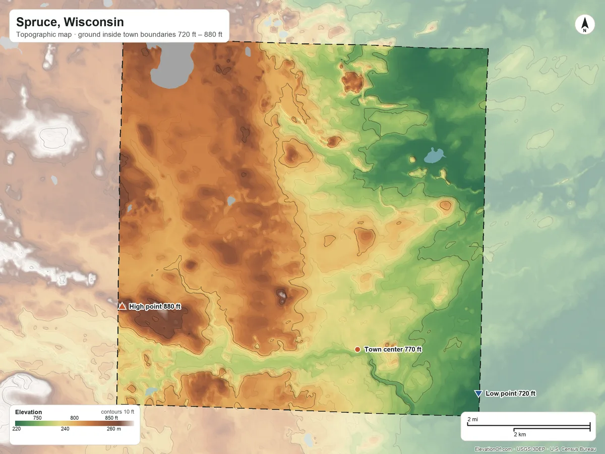 Topographic elevation map of Spruce, Wisconsin, shaded from 720 ft on the east side to 880 ft on the west side
