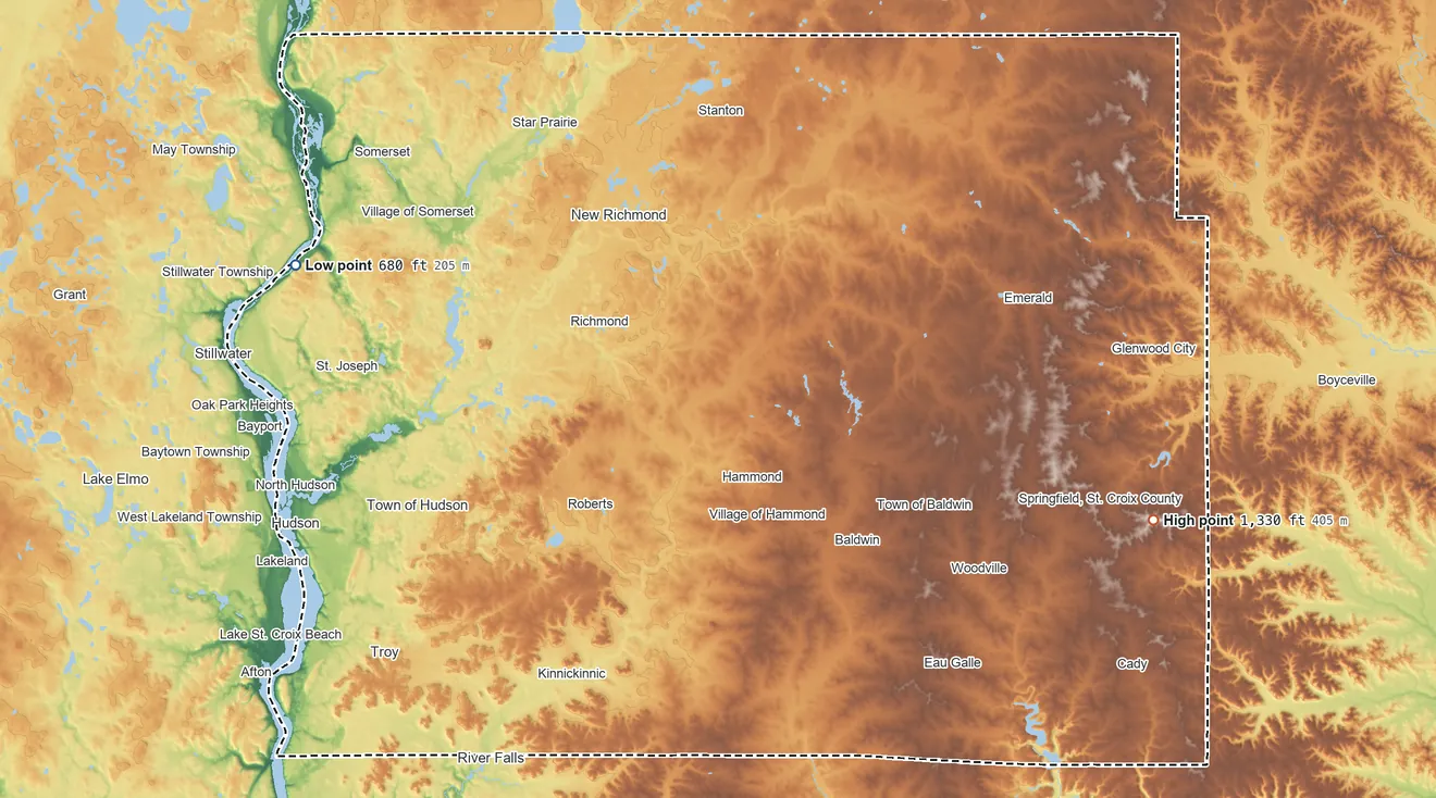 Topographic elevation map of St. Croix County, Wisconsin, shaded from 680 ft on the west side to 1,330 ft on the east side