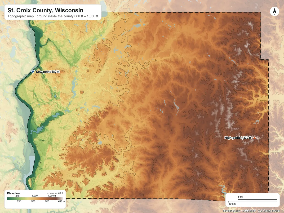 Topographic elevation map of St. Croix County, Wisconsin, shaded from 680 ft on the west side to 1,330 ft on the east side