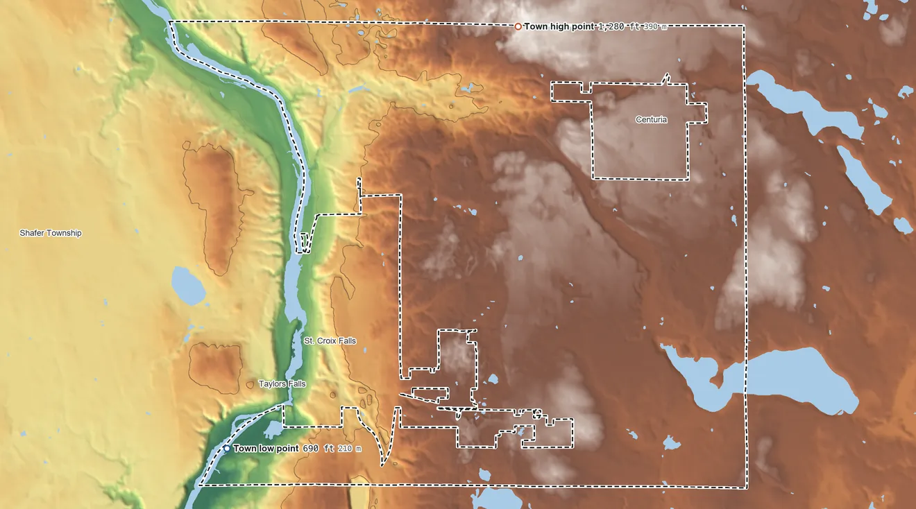Topographic elevation map of Town of St. Croix Falls, Wisconsin, shaded from 690 ft on the southwest side to 1,280 ft on the north side