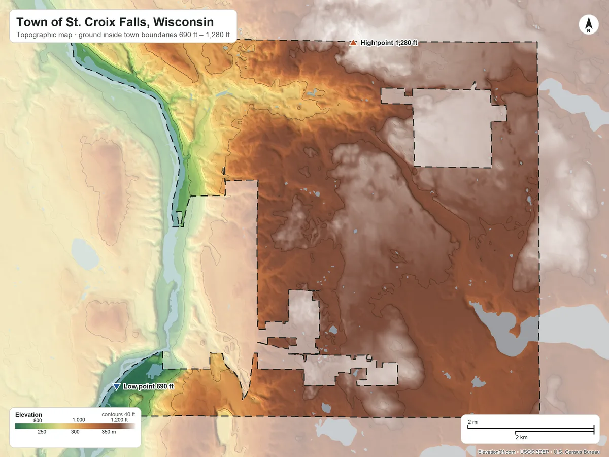 Topographic elevation map of Town of St. Croix Falls, Wisconsin, shaded from 690 ft on the southwest side to 1,280 ft on the north side