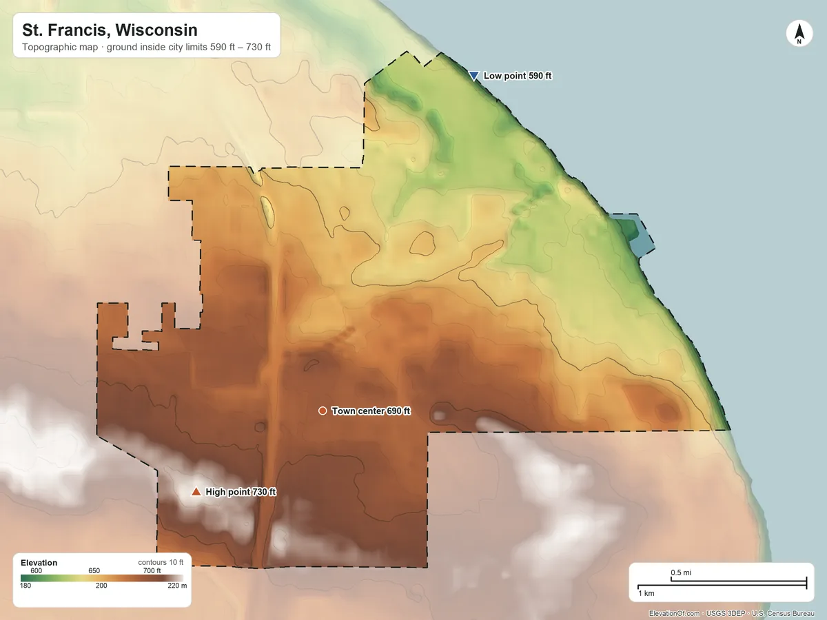 Topographic elevation map of St. Francis, Wisconsin, shaded from 590 ft on the northeast side to 730 ft on the southwest side
