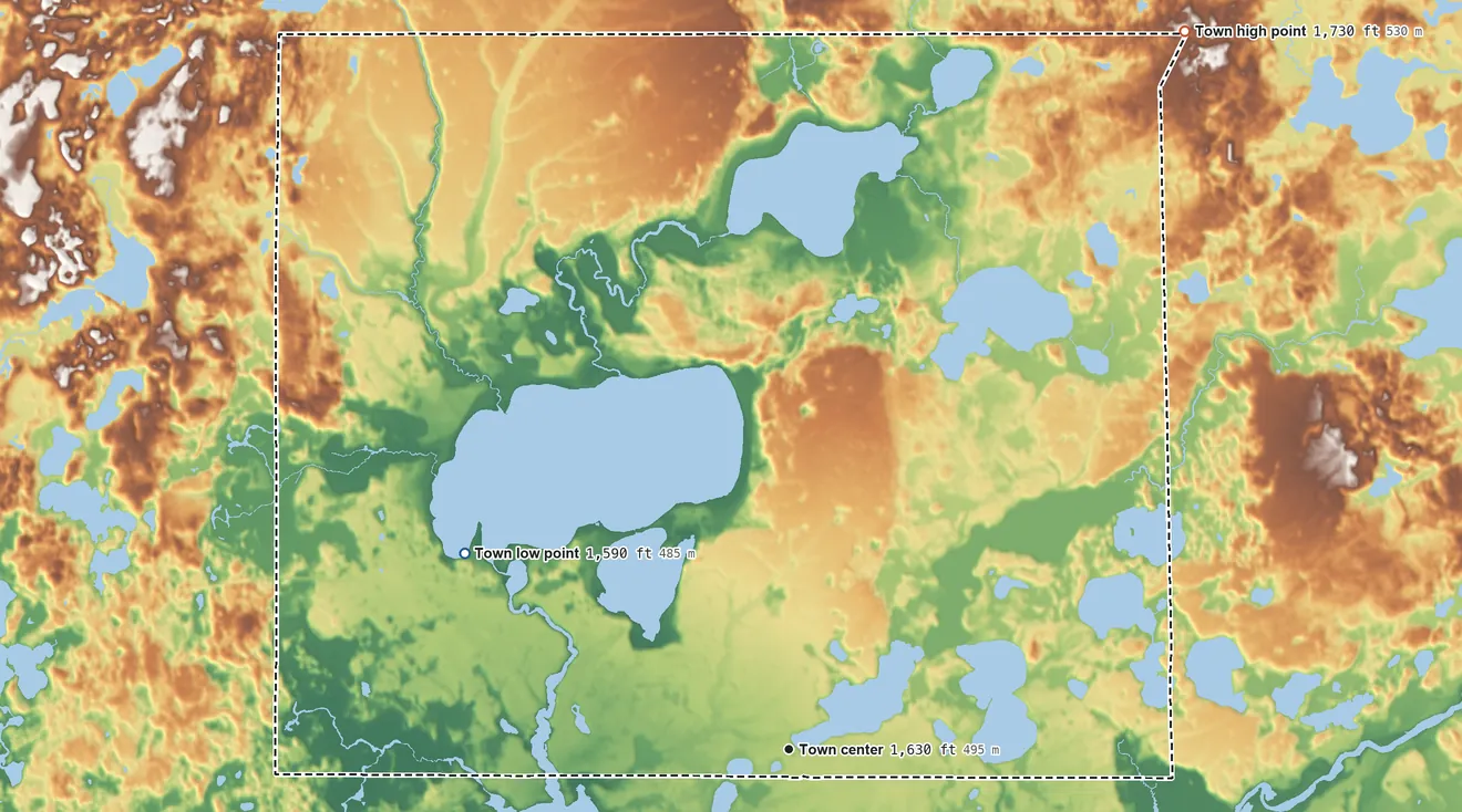 Topographic elevation map of St. Germain, Wisconsin, shaded from 1,590 ft on the northwest side to 1,730 ft on the northeast side
