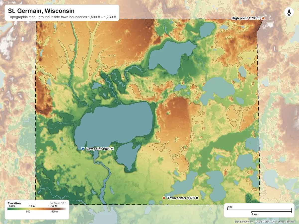 Topographic elevation map of St. Germain, Wisconsin, shaded from 1,590 ft on the northwest side to 1,730 ft on the northeast side