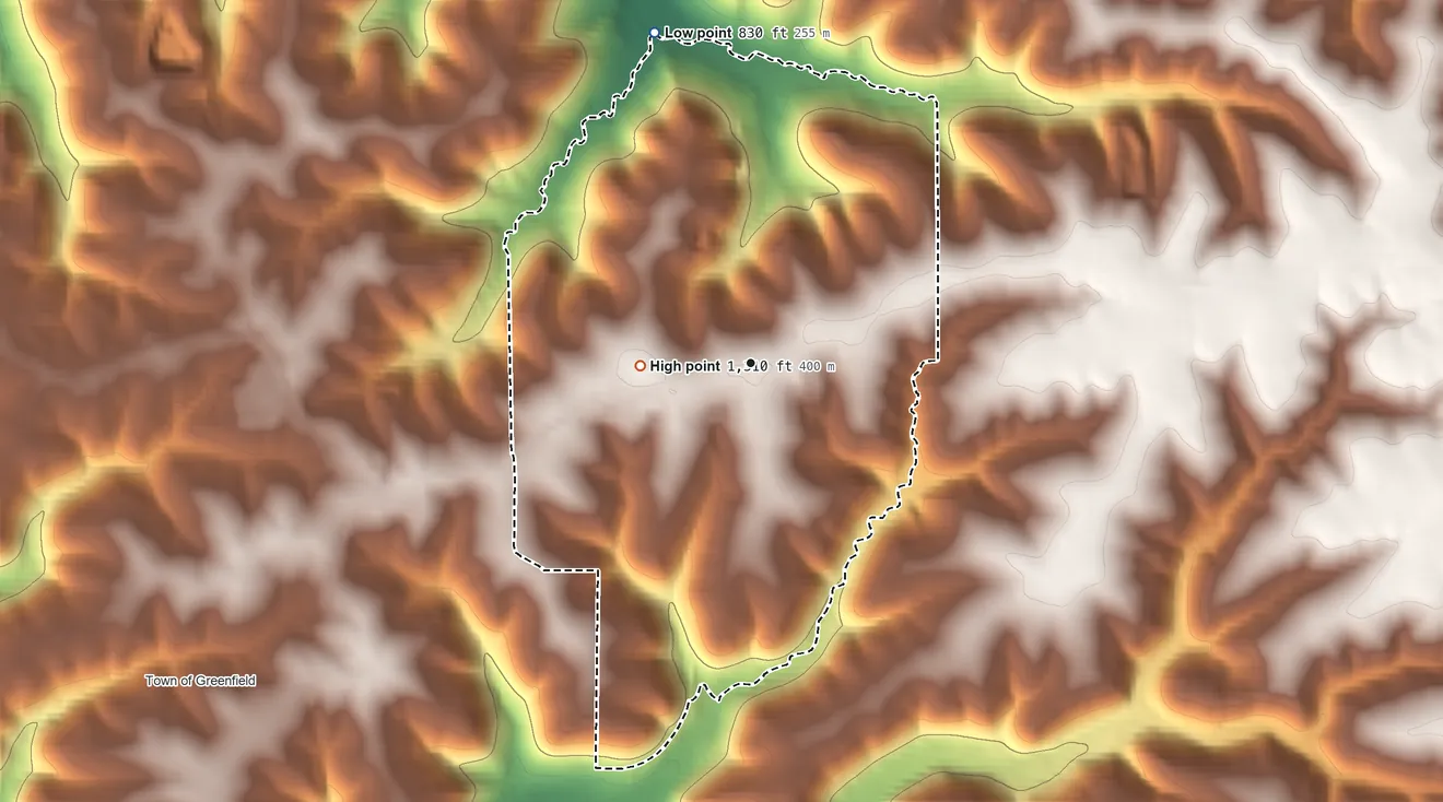 Topographic elevation map of St. Joseph, La Crosse County, Wisconsin, shaded from 830 ft on the north side to 1,310 ft on the west side