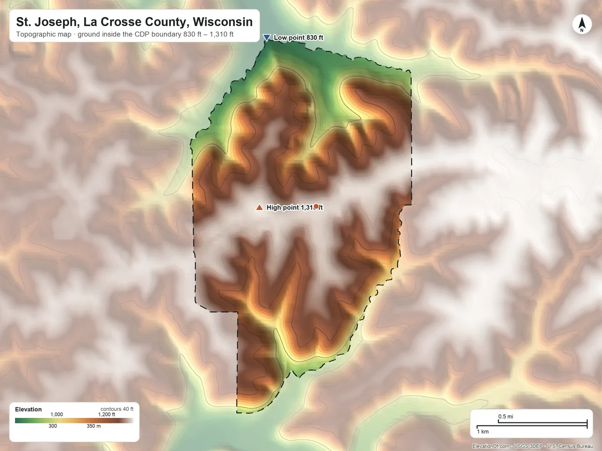 Topographic elevation map of St. Joseph, La Crosse County, Wisconsin, shaded from 830 ft on the north side to 1,310 ft on the west side