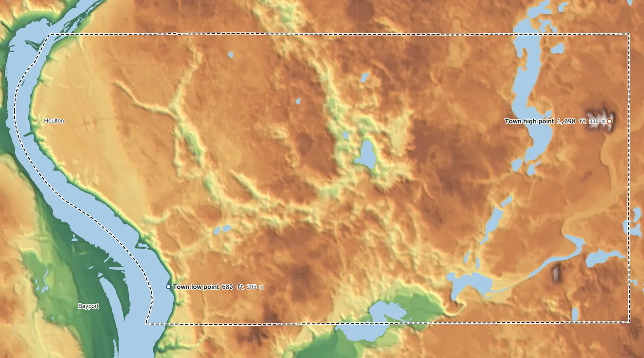 Topographic elevation map of St. Joseph, Wisconsin, shaded from 680 ft on the southwest side to 1,090 ft on Big Mound
