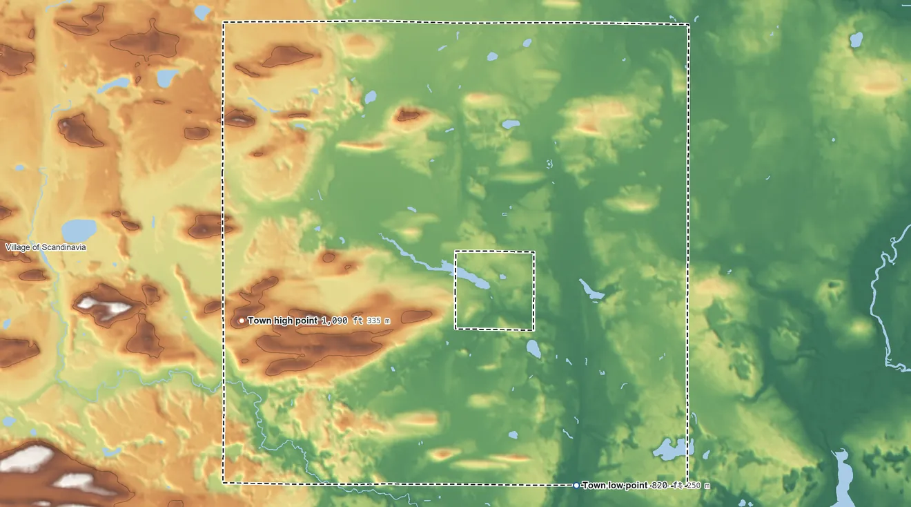 Topographic elevation map of St. Lawrence, Wisconsin, shaded from 820 ft on the south side to 1,090 ft on the west side